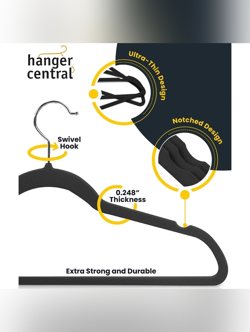 Hanger Central 10 pack 17 Inch Black Velvet Clothes Hangers with Swivel Hook